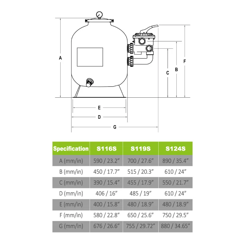 Reliant AS Side Mount Sand Filter - Dimensions