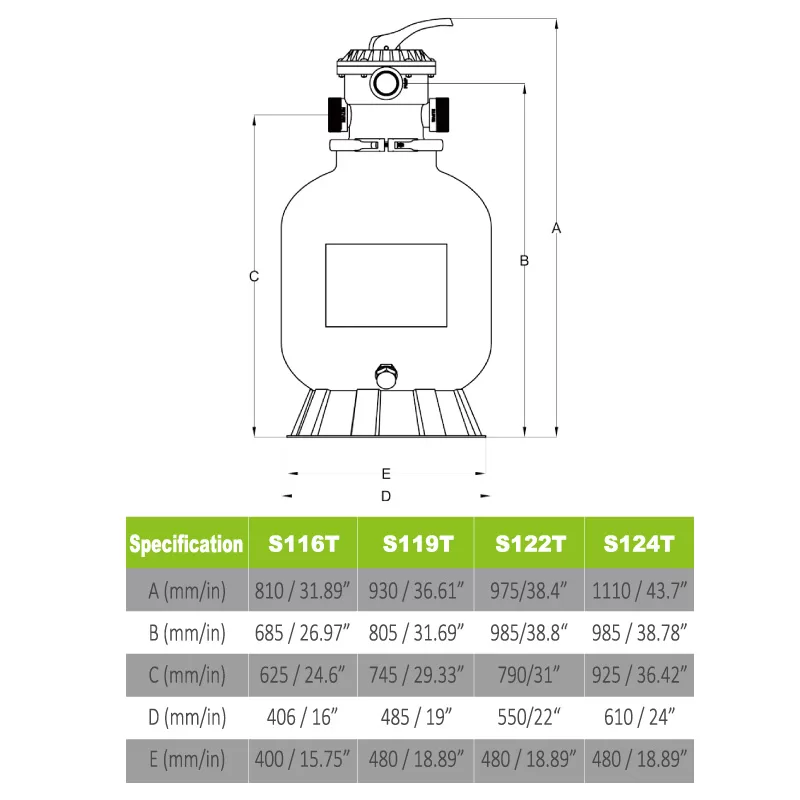 Reliant AT Sand Filters - Dimensions